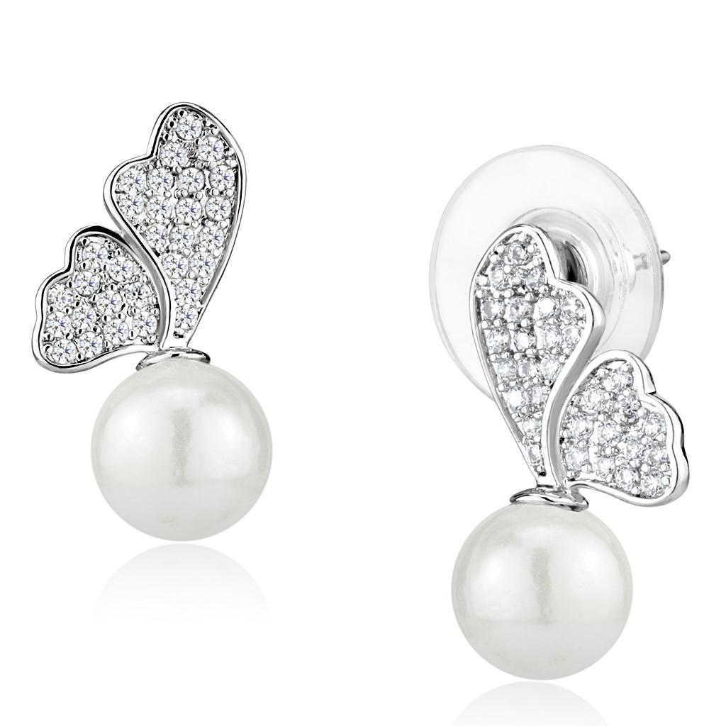 JCE1299 Rhodium Brass Earrings with Synthetic Pearl in White