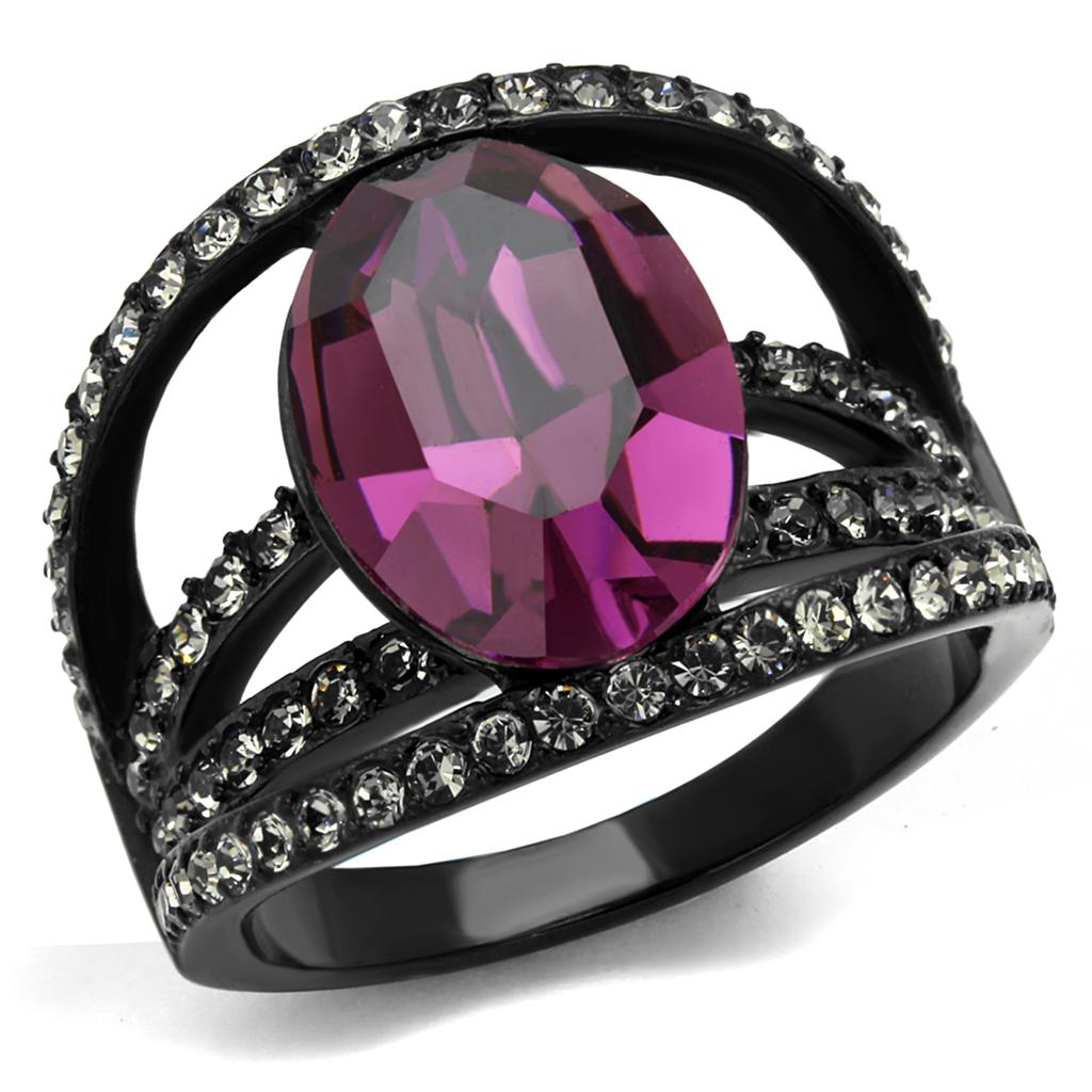 JCE2348 IP Black(Ion Plating) Stainless Steel Ring with Top Grade Crystal  in Amethyst