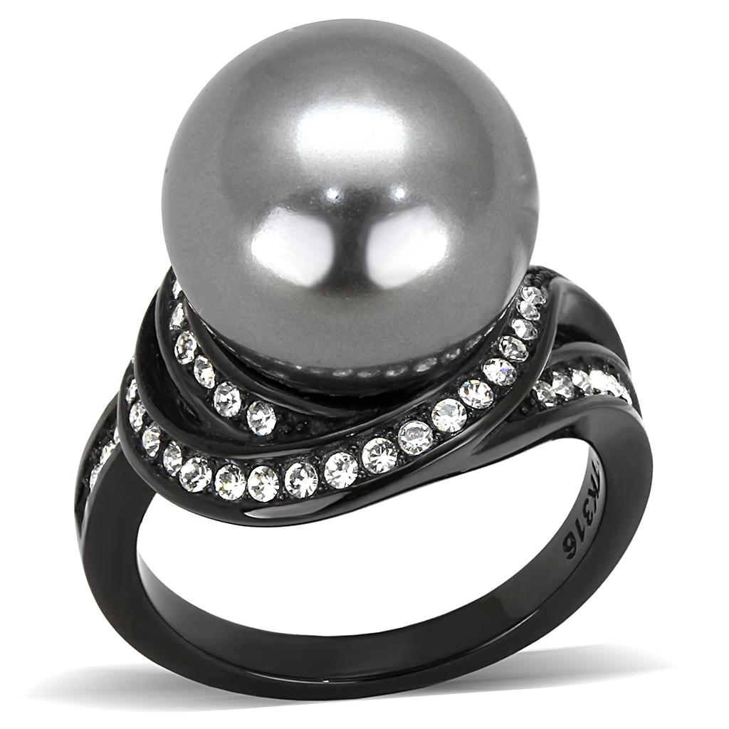 JCE3052 IP Black(Ion Plating) Stainless Steel Ring with Synthetic Pearl in Gray