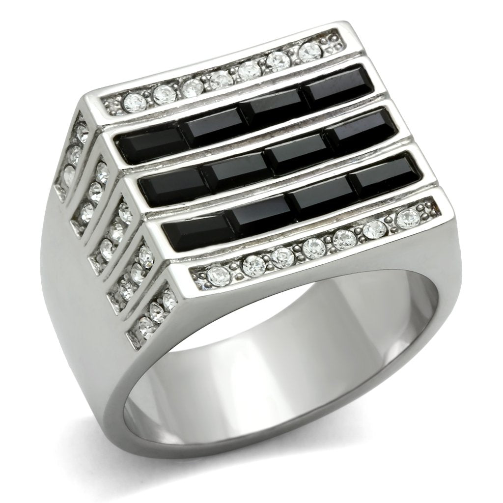 JCE321 High polished (no plating) Stainless Steel Ring with Top Grade Crystal  in Jet